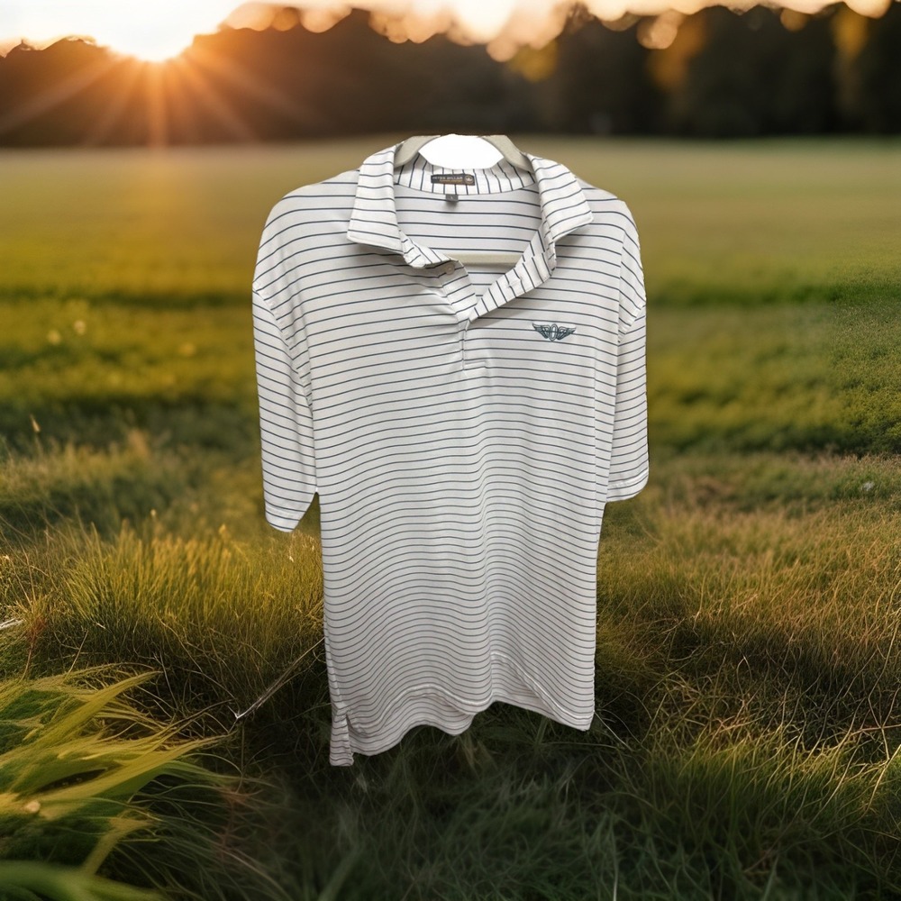 Peter Millar Men's Summer Comfort White & Blue Stopped Golf Shirt Size Large